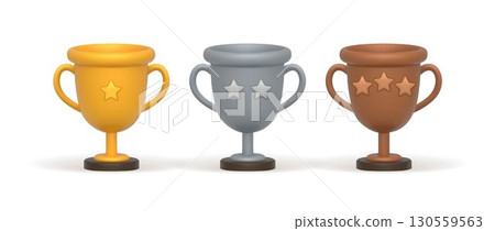 3D trophy cups in gold, silver and bronze colors 3D trophy cups in gold, silver and bronze colors 130559563