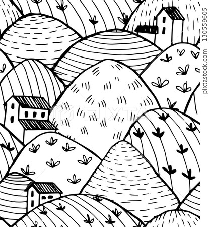 seamless pattern with abstract mountains and fields, rural houses. simple doodle style. vector illustration seamless pattern with abstract mountains and fields, rural houses. simple doodle style. vector illustration 130559605