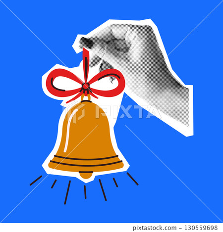 Hand Holding a Red Ribbon Tied Bell on Blue Background 130559698