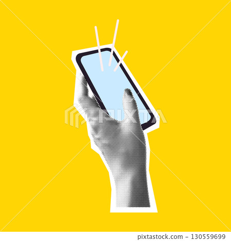 Pop Art Style Hand Holding Smartphone Illustration 130559699