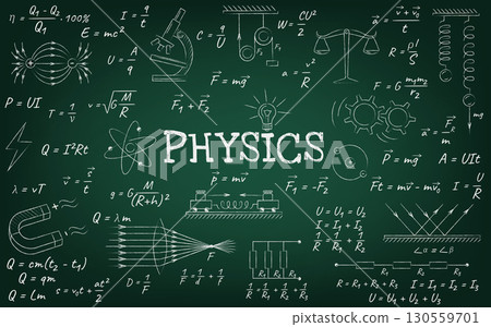 Physics Formulas and Diagrams on Chalkboard 130559701