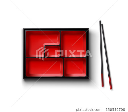 Empty Red Bento Box with Black Chopsticks on White Surface 130559708