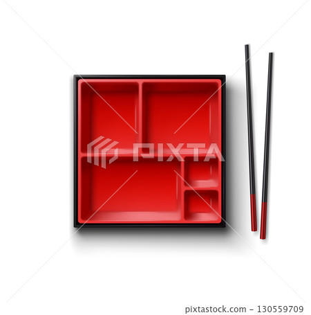 Red and Black Bento Box with Chopsticks on White 130559709