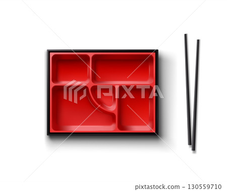 Red and black bento box with chopsticks 130559710