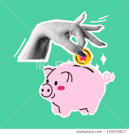 Retro Style Hand Putting Coin into Piggy Bank 130559827