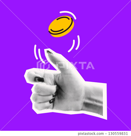 Halftone Hand Flipping Coin on Vibrant Background 130559831