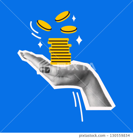 Digital Hand Holding Coins with Vibrant Blue Background Digital Hand Holding Coins with Vibrant Blue Background 130559834