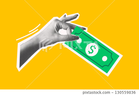 Pop Art Style Hand Holding Money on Yellow Background 130559836