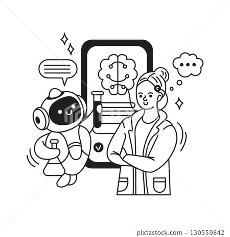 Scientist and Robot Collaborating on AI Project Scientist and Robot Collaborating on AI Project 130559842