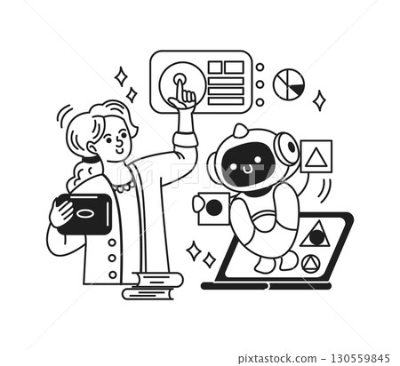 Woman and Robot Collaborate on Digital Interface 130559845