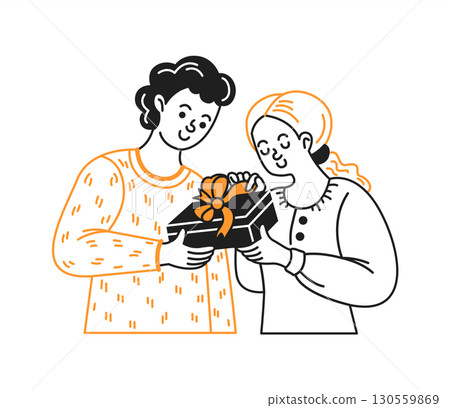 Cartoon illustration of two people exchanging gift Cartoon illustration of two people exchanging gift 130559869