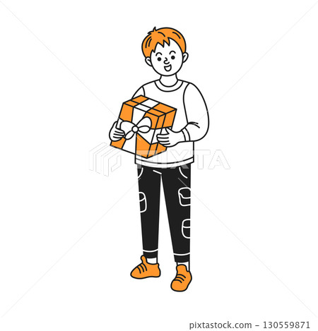 Smiling Boy Holding Wrapped Gift Box Illustration 130559871
