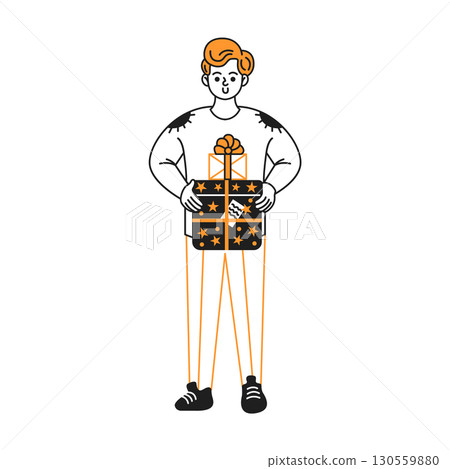 Cartoon character holding gift box with stars Cartoon character holding gift box with stars 130559880