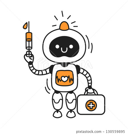 Cheerful Medical Robot with Syringe and First Aid Kit Cheerful Medical Robot with Syringe and First Aid Kit 130559895