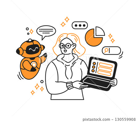 Woman with Laptop Communicating with Friendly Robot 130559908