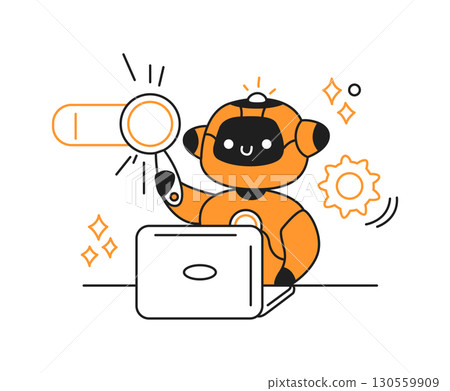 Cute Robot Character Holding Magnifying Glass Cute Robot Character Holding Magnifying Glass 130559909
