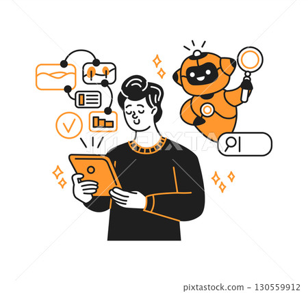 Man with Tablet and Robot in Minimalist Design Man with Tablet and Robot in Minimalist Design 130559912
