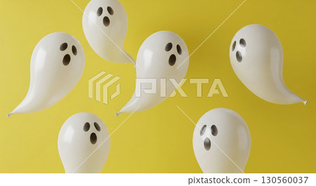 White ghost balloons floating on a vibrant yellow background. Halloween celebration. White ghost balloons floating on a vibrant yellow background. Halloween celebration. 130560037
