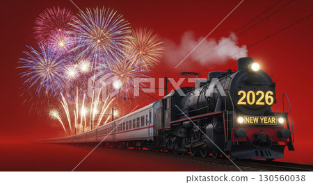 A festive steam train emblazoned with "2026 New Year" travels with colorful fireworks. A festive steam train emblazoned with "2026 New Year" travels with colorful fireworks. 130560038