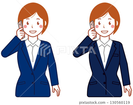 一位身穿海軍藍西裝、留著短髮的年輕女子正在用智慧型手機聊天 一位身穿海軍藍西裝、留著短髮的年輕女子正在用智慧型手機聊天 130560119