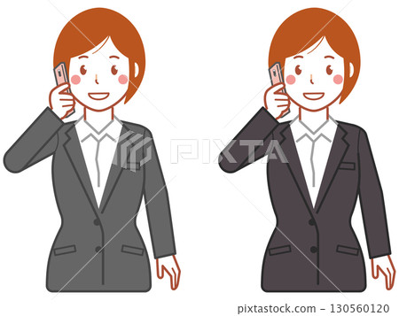 一位身穿灰色西裝、留著短髮的年輕女子正在用智慧型手機打電話 一位身穿灰色西裝、留著短髮的年輕女子正在用智慧型手機打電話 130560120