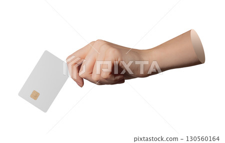 A person holds a modern debit card with visible chip isolated on white. A person holds a modern debit card with visible chip isolated on white. 130560164
