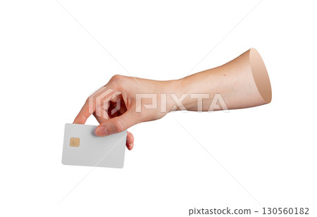Close-up of a person fingers gripping a credit card with microchip, minimal style isolated. Close-up of a person fingers gripping a credit card with microchip, minimal style isolated. 130560182
