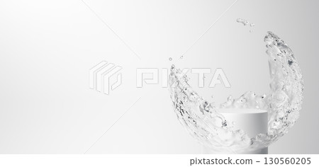 流水呈圓週運動，白色背景上有白色基座。複製空間。 3D（水平） 130560205