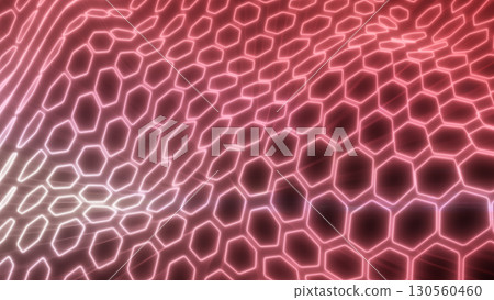 Radiant red hexagonal mesh with glowing edges, forming a dynamic wave pattern symbolizing energy, technology, and futuristic design 130560460