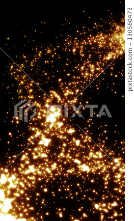 Glowing golden particles swirling through a dark void, forming a luminous trail with a sense of dynamic motion 130560473