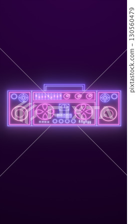 Neon retro boombox glowing in pink and purple on a dark gradient background 130560479