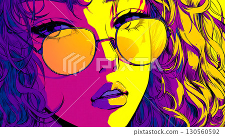 Illustration of a woman wearing colorful sunglasses 130560592