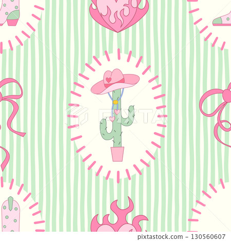 Cowgirl seamless pattern. Cowboy western theme, cactus, cowboy hat, flame heart and boots in girly style. Hand-drawn cartoon print on a stripy green background. Vector wallpaper, t-shirt and vintage.. 130560607
