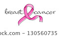 Breast cancer handwritten typography design with pink ribbon symbol line art. 130560735