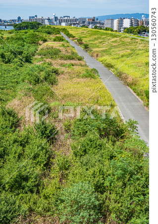 View of the right bank of the Yodo River from Sugawara Johoku Bridge, Osaka City 130560743