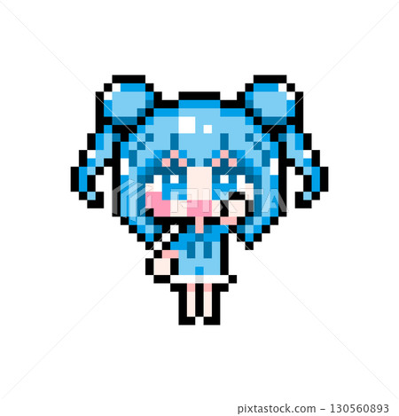 Pixel Art Character: A girl with a bun and twin tails raising her hand cheerfully (2) 130560893