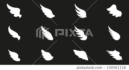 Winged Elements Solid Icon Set. Collection Of Wing Shapes. Freedom, Motion, Air Power, And Symbolic Ascension In Mythological. Silhouette Symbol Collection. Isolated Vector Illustration 130561116