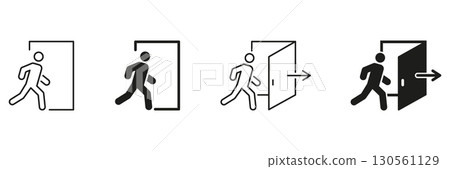 Exit Sign With Person Walking Through Door Icon Set. Emergency Exit, Safety, And Evacuation Route Symbol Collection. Directional Guidance And Wayfinding. Isolated Vector Illustration 130561129