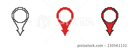 Pixel Art Map Pin Icon Set. Location Marker, Navigation, And Gps Symbol Collection. Red And Black Pixelated Design For Digital Maps And Geolocation. Isolated Vector Illustration 130561132