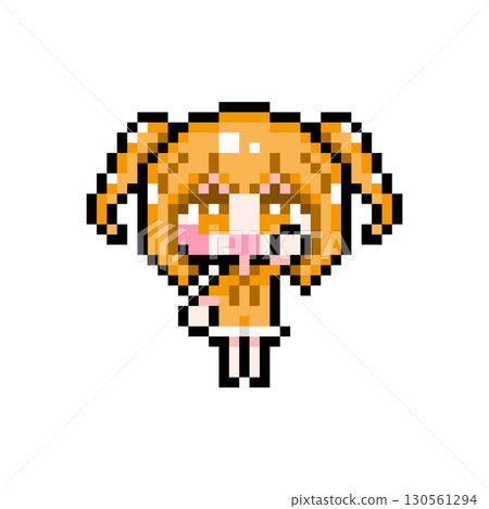 Pixel Art Character: A girl with mini pigtails raising her hand cheerfully (8) Pixel Art Character: A girl with mini pigtails raising her hand cheerfully (8) 130561294