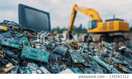 pile components excavator background closeup shot electronic yellow 130561312