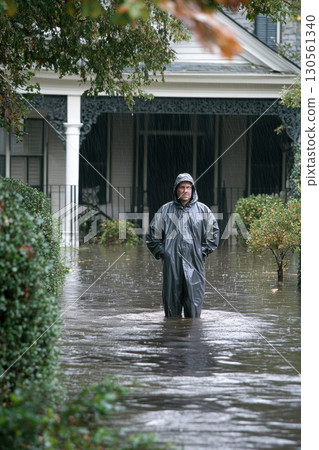 man raincoat area scene depth field waters surface 130561340
