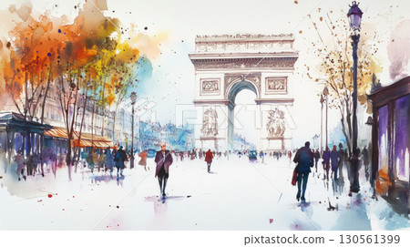 paris watercolor city street scene triomphe background painting 130561399