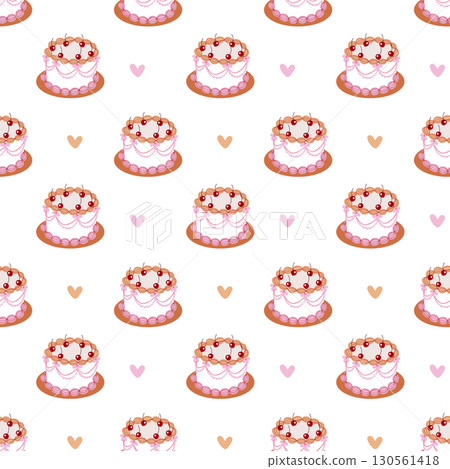 Seamless Cake Pattern with Cherry and Cream Cute Festive Background for Birthday and Wedding Design Seamless Cake Pattern with Cherry and Cream Cute Festive Background for Birthday and Wedding Design 130561418