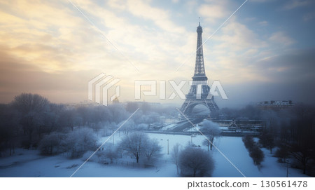 paris panoramic view eiffel dawn sky blues wispy 130561478