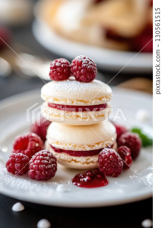 paris dessert plate raspberries cream macarons layer sugar 130561515