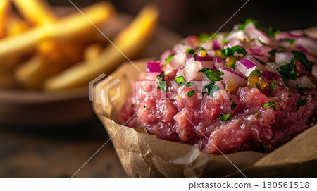 paris food plate fries dish onions herbs closeup 130561518