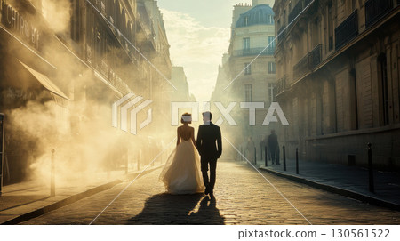 paris aerial view city street dawn scene dusk 130561522