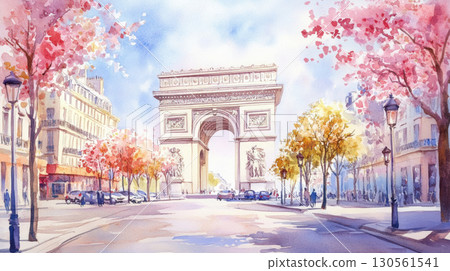 paris watercolor city street scene triomphe prominent center 130561541