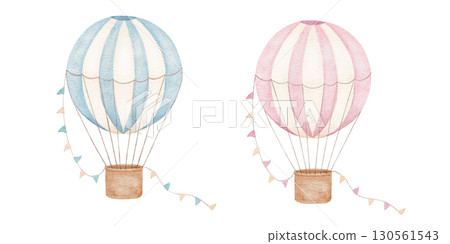 Hot air balloon with flags in blue and pink colors. Watercolor isolated illustrations for poster or card for gender party 130561543